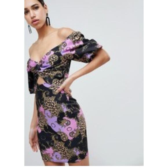 Flounce London Off Shoulder Midriff Bodycon Dress Puff Sleeves - Picture 1 of 14
